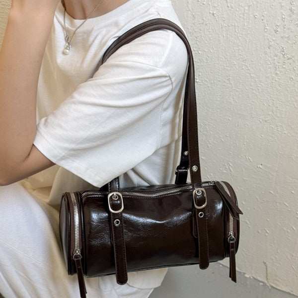 Barrel Shoulder Bag with Sleek Zippers and Buckle Accents