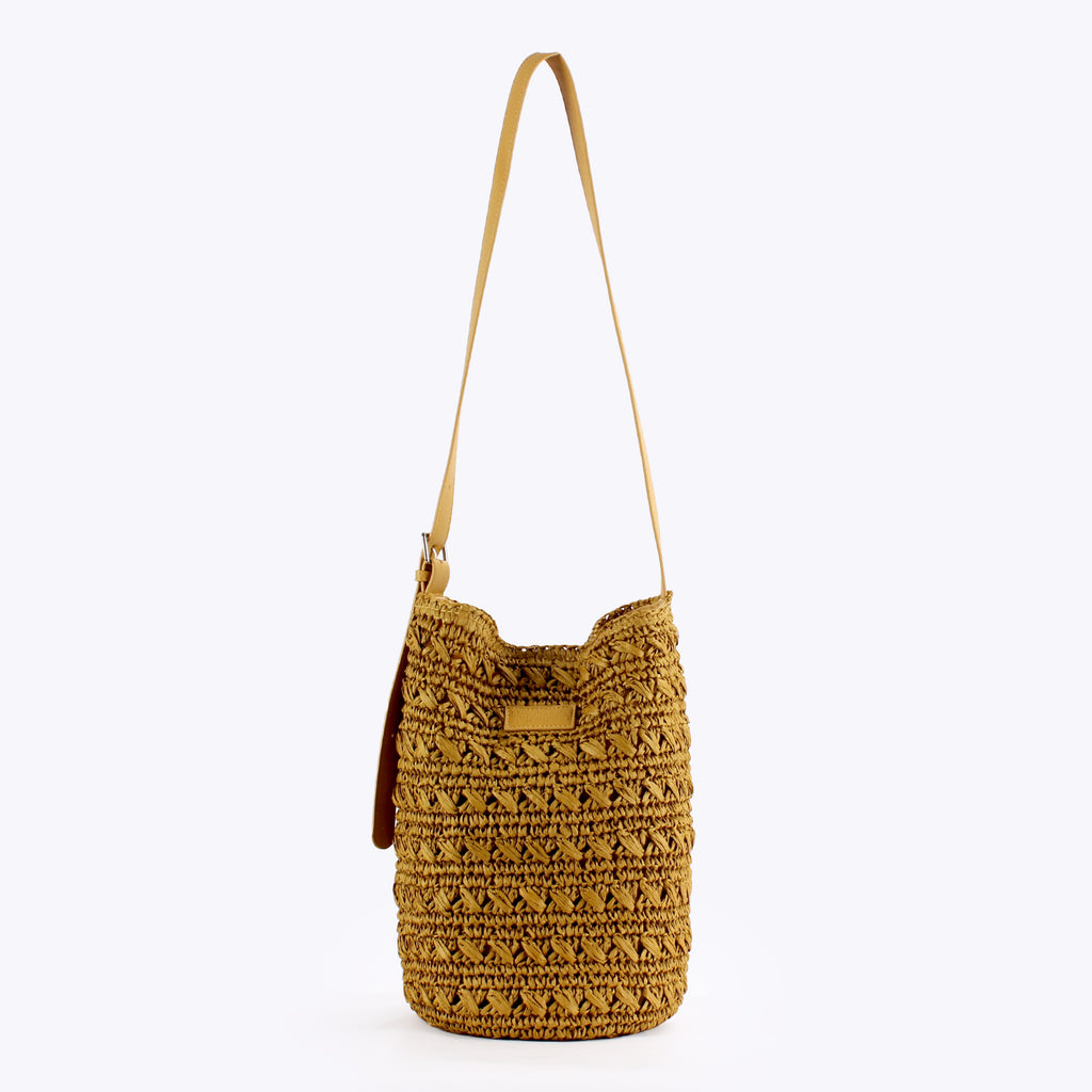 Boho Handwoven Paper Straw Bucket Adjustable Crossbody Shoulder Bag