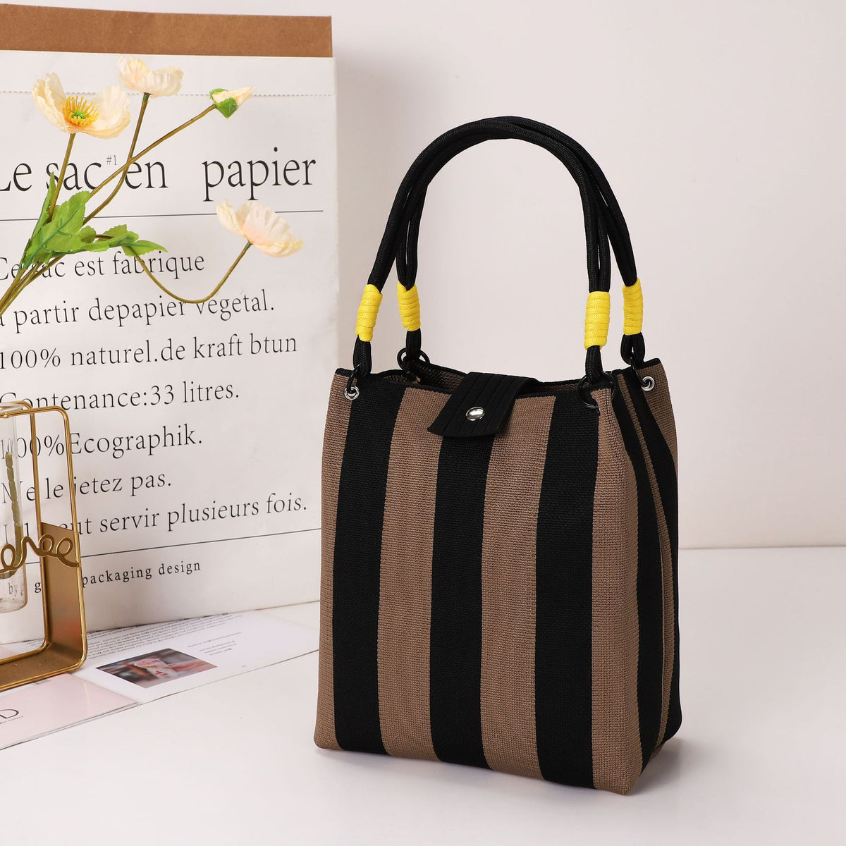 Knitted Mini Tote Bag with Button Closure