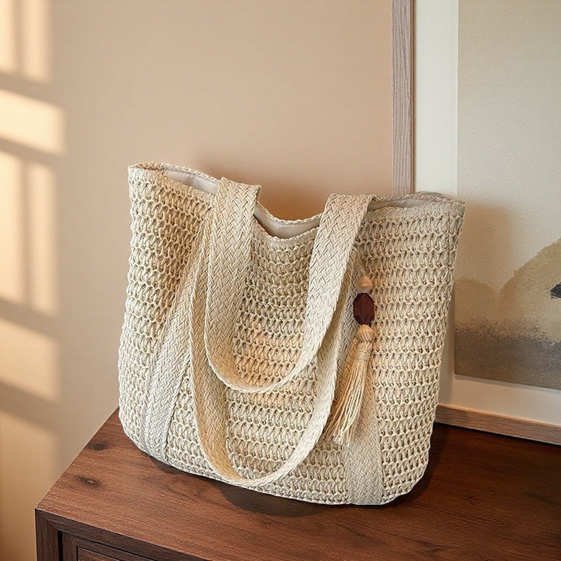 Solid Color Large-Capacity Braided Straw Beach Shoulder Bag