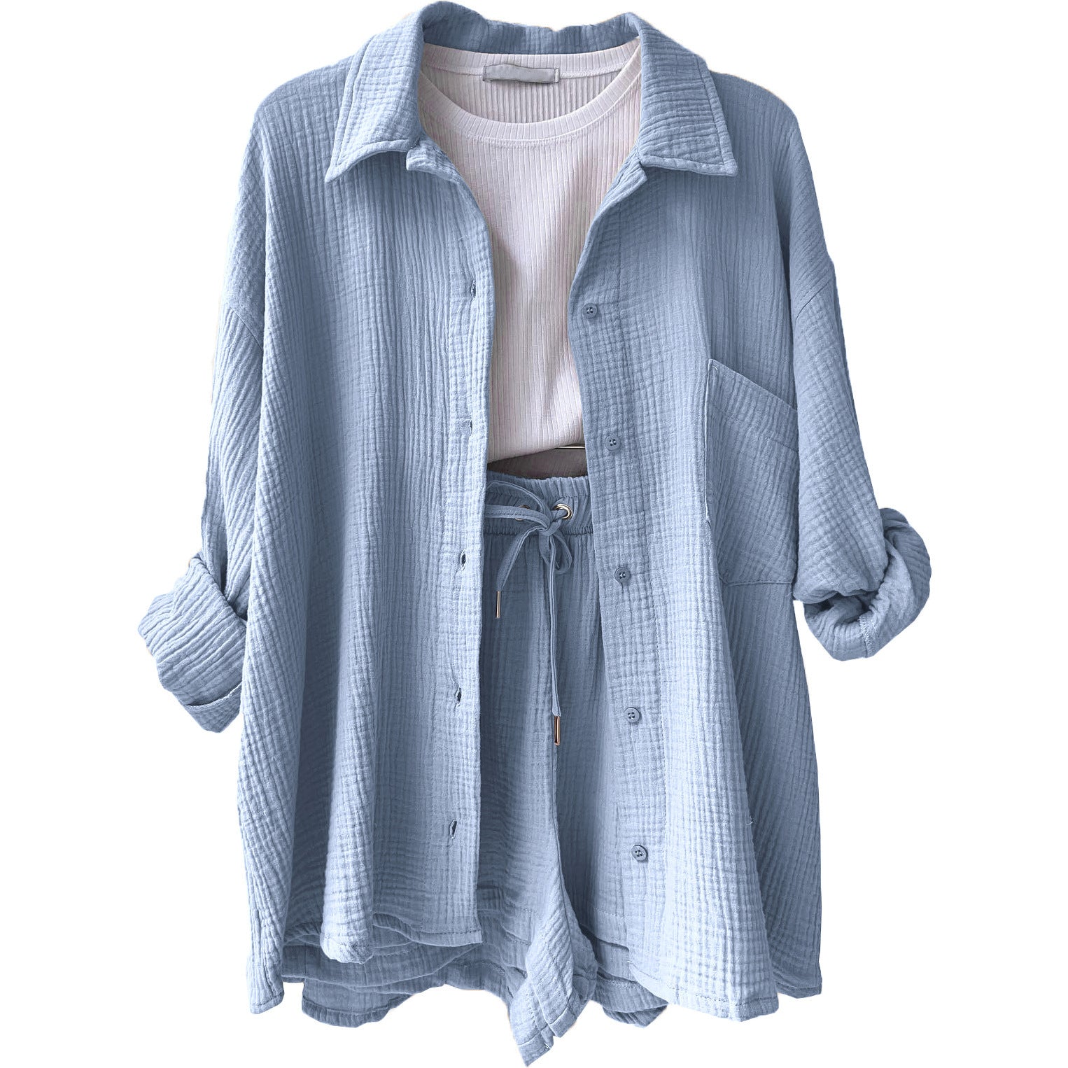European And American Clothing Two-Piece Set Wrinkled Lapel Long-Sleeved Shirt High-Waisted Drawstring Shorts Large Size Fashion Casual Suit