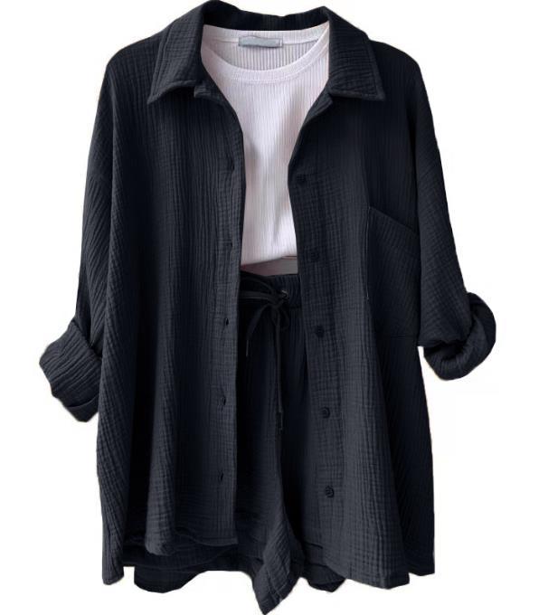 European And American Clothing Two-Piece Set Wrinkled Lapel Long-Sleeved Shirt High-Waisted Drawstring Shorts Large Size Fashion Casual Suit