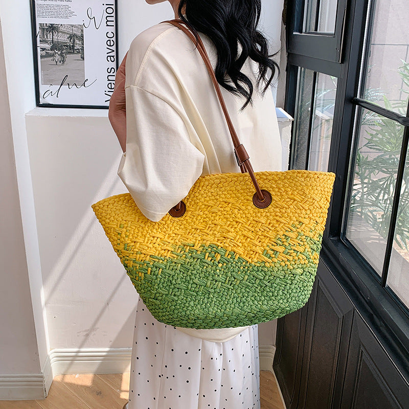 Colorful Large Straw Minimalist Handheld Natural Hollow Woven Beach Bag