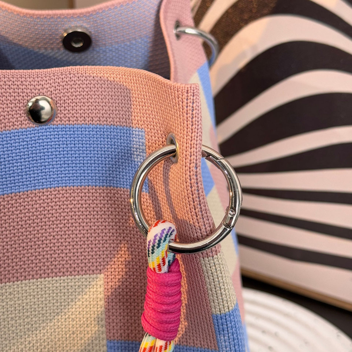 Floral Print Braided Handle Knit Bucket Bag