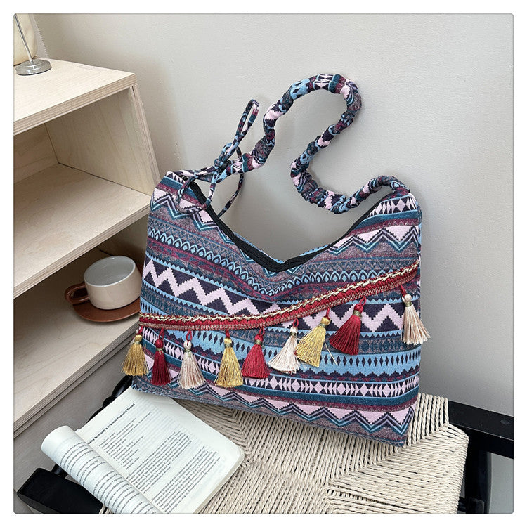 Women 2026 New Fashion Ethnic Jacquard Tassel Large Crossbody Bag
