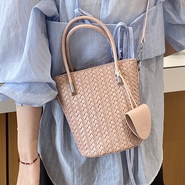 Woven Bucket Bag with Detachable Strap and Zipper