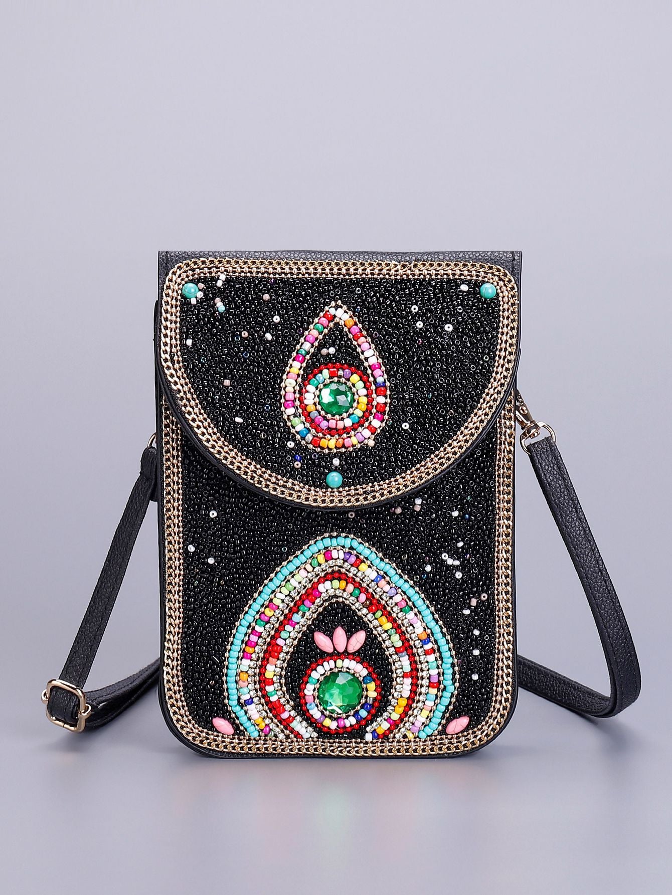 Women Ethnic Style Beaded Crossbody Bag, Handmade Turquoise Red Phone Bag