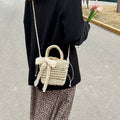 Women Bow Hollow Square Handheld Crossbody Vintage Straw Beach Bag