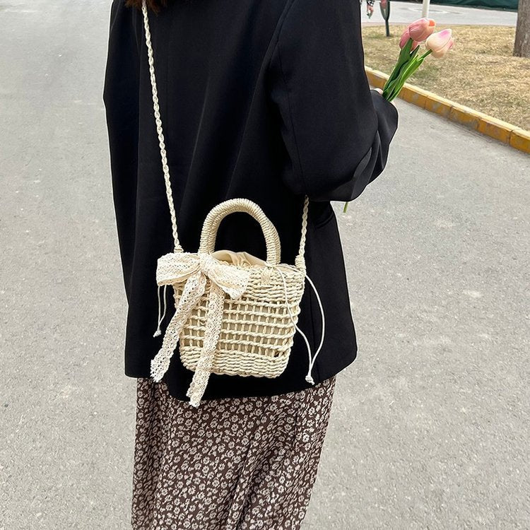 Women Bow Hollow Square Handheld Crossbody Vintage Straw Beach Bag