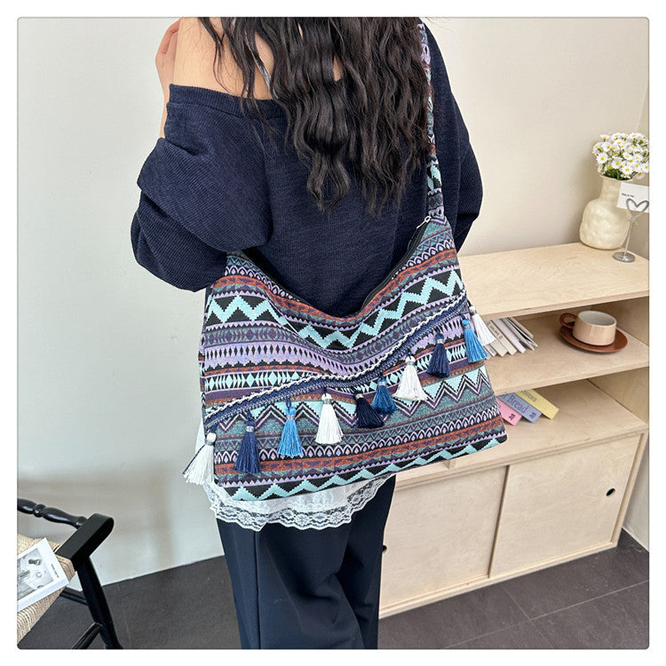 Women 2026 New Fashion Ethnic Jacquard Tassel Large Crossbody Bag