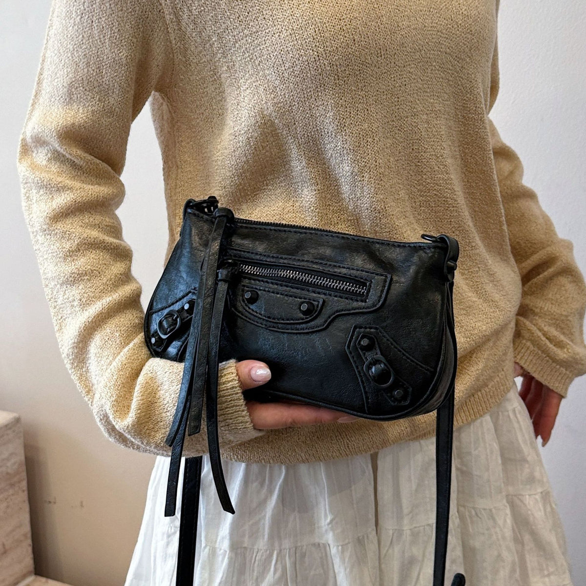 Studded Pocket Vintage Compact Convertible Crossbody Bag