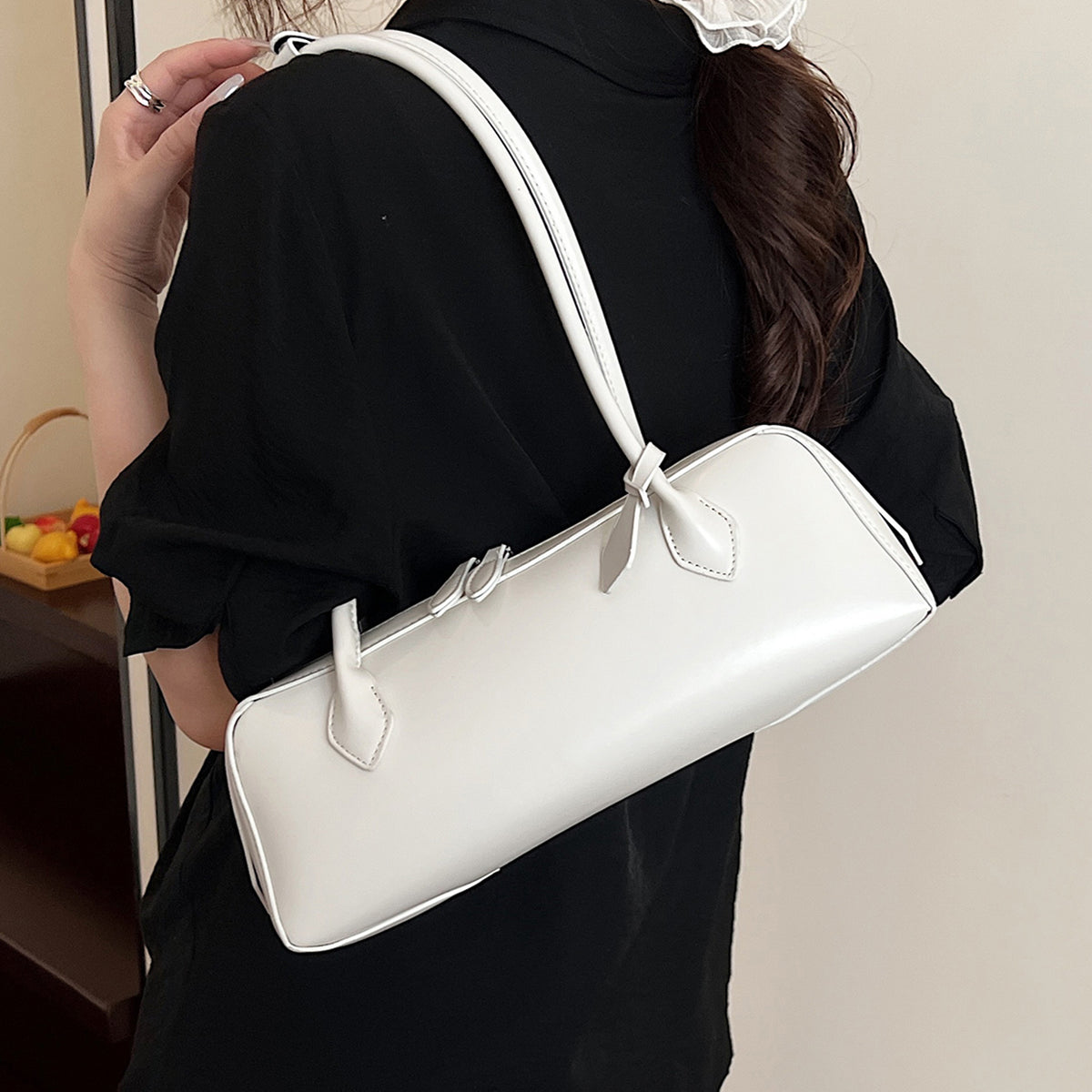 Minimalist East West PU Leather Baguette Shoulder Bag