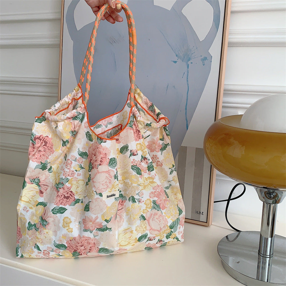 Korean Large Capacity Drawstring Floral Tote Bag