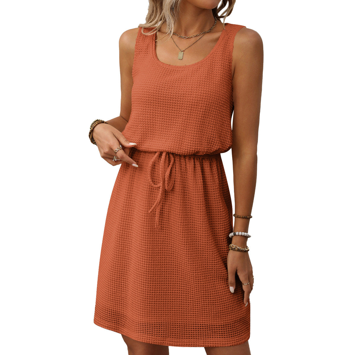 Square Neck Drawstring Sleeveless Vest Dress With Lining