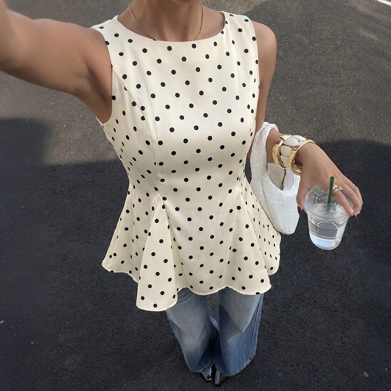 Women 2026 New Polka Dot Waist Cinch Ruffle Hem Sleeveless Blouse Top