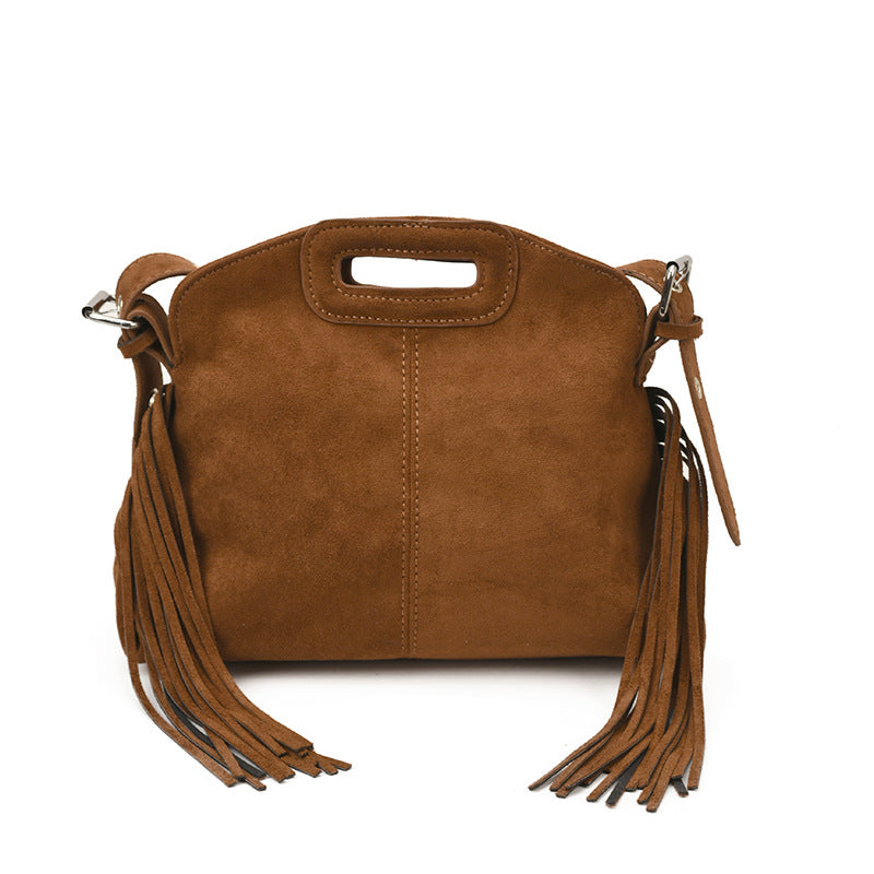 Vintage Faux Suede Fringe Crossbody Bag with Cutout Handle