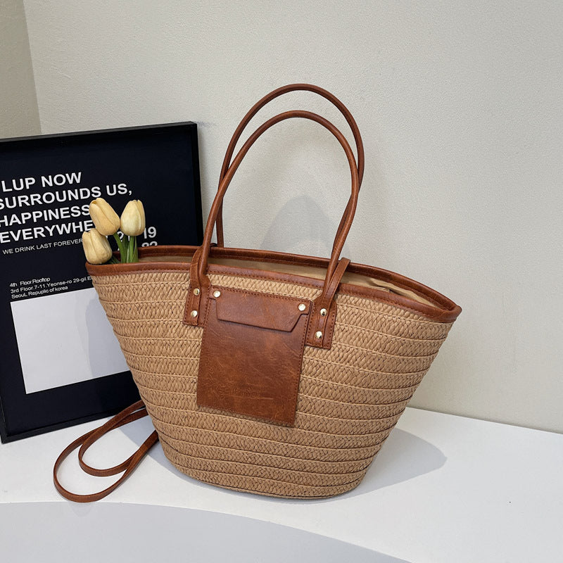 Women Travel Vacation Straw 2026 Summer New Woven Handheld Large Tote Bag