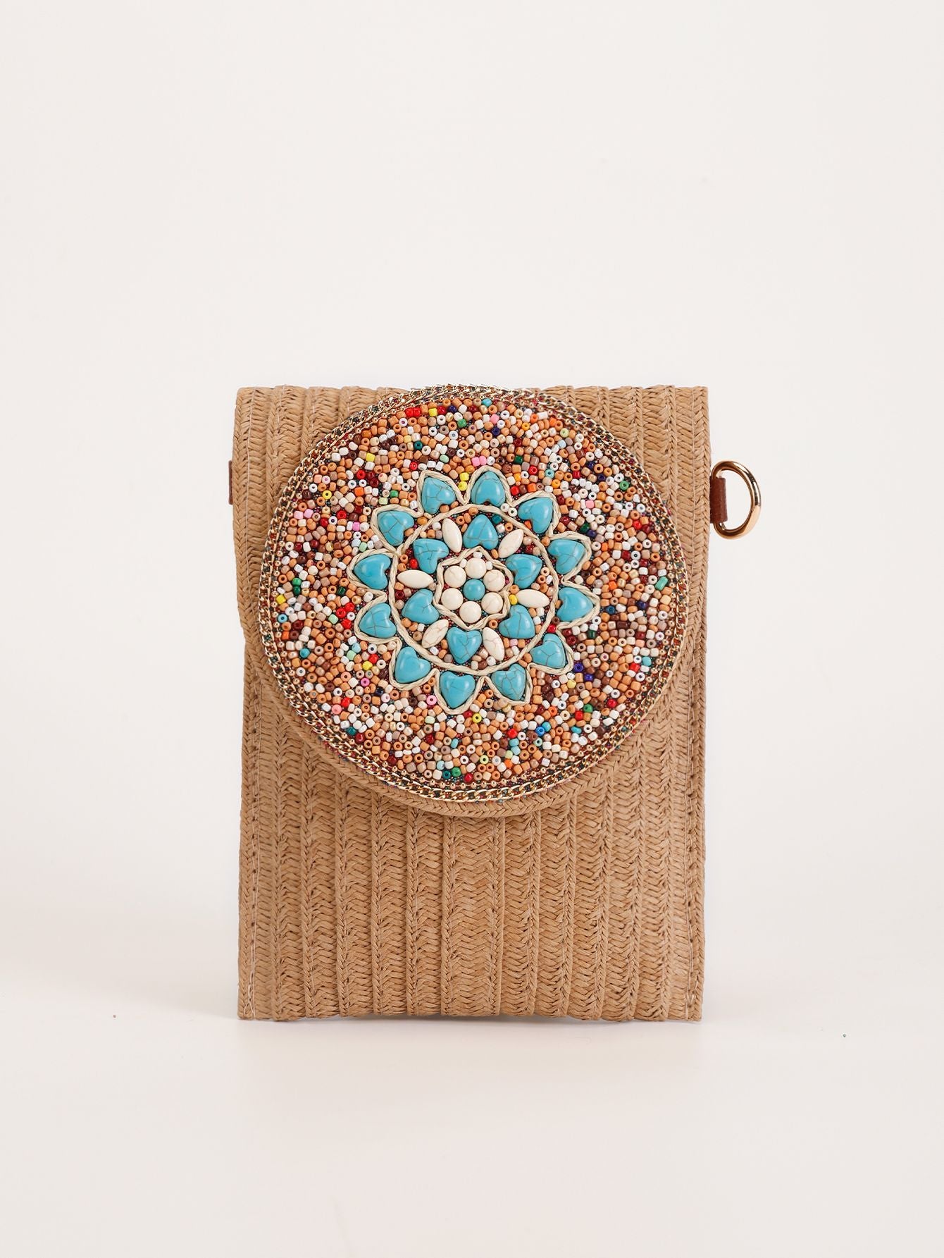 Women Luxury Straw Crossbody Bag, Fashion Beaded Woven Phone Shoulder Bag