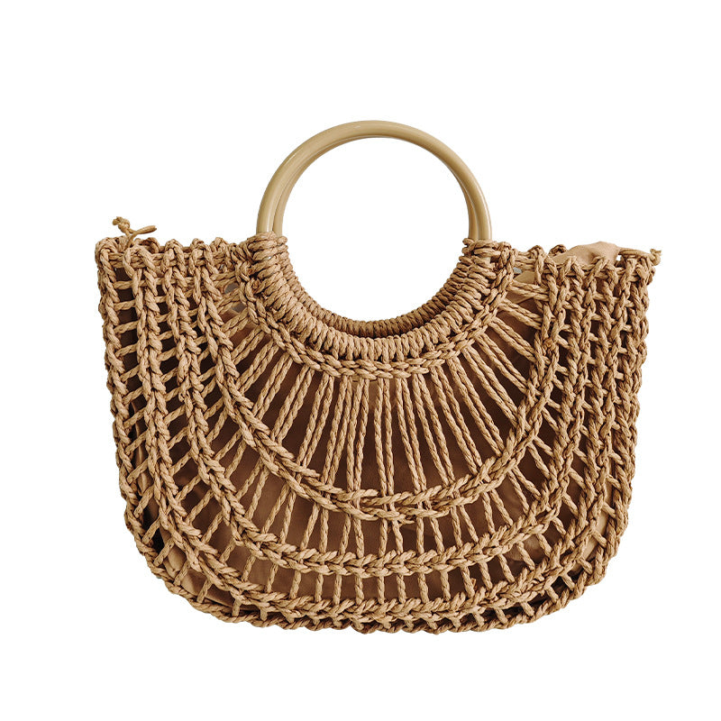 Solid Color Hand-Woven Hollow Straw Retro Beach Bag