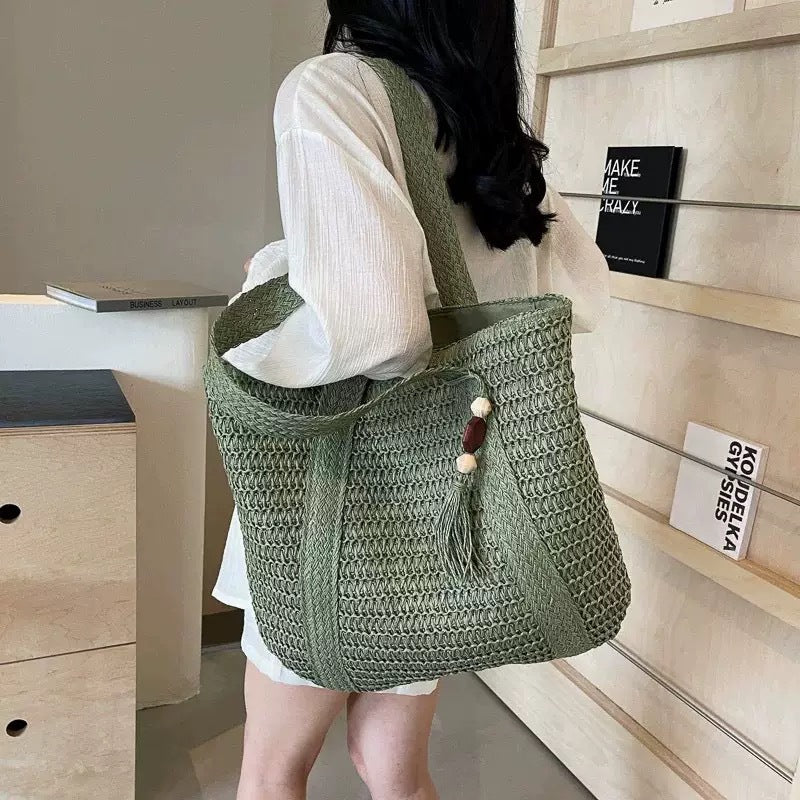 Solid Color Large-Capacity Braided Straw Beach Shoulder Bag