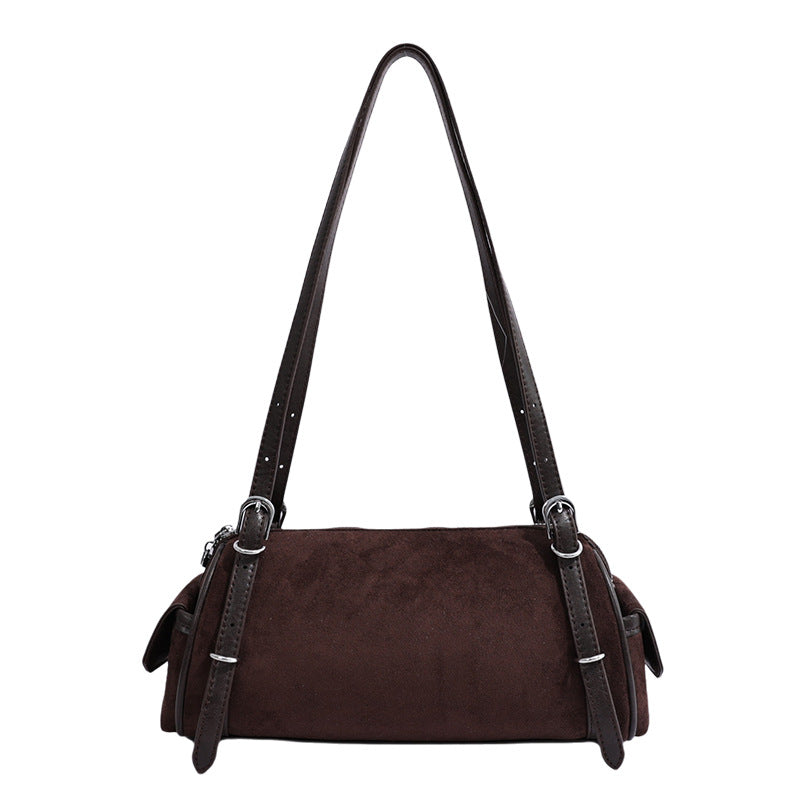 Chic Suede Baguette Shoulder Bag with Double Zipper