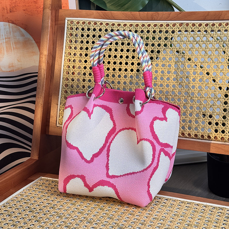 Floral Print Braided Handle Knit Bucket Bag