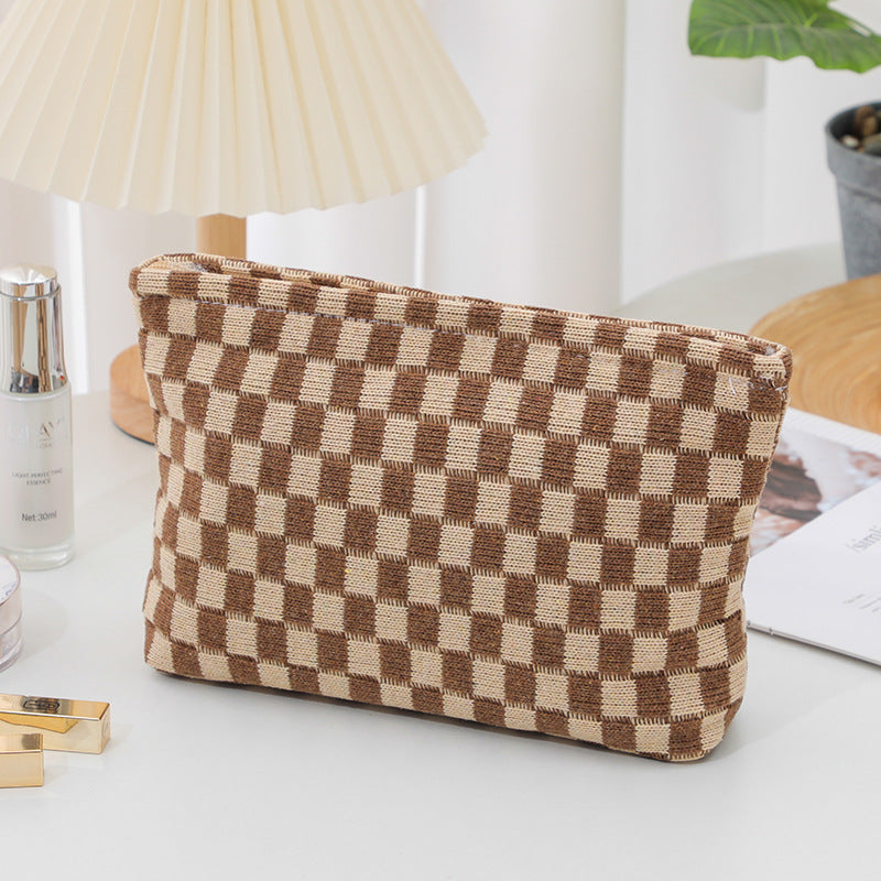 Wool Checkerboard Large Capacity Cosmetic Clutch Bag