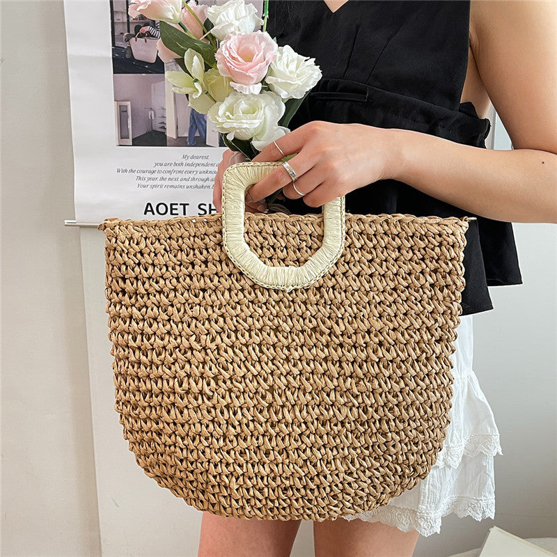 Women Beach Straw Casual Woven Handheld Bucket Large Shoulder Crossbody Bag