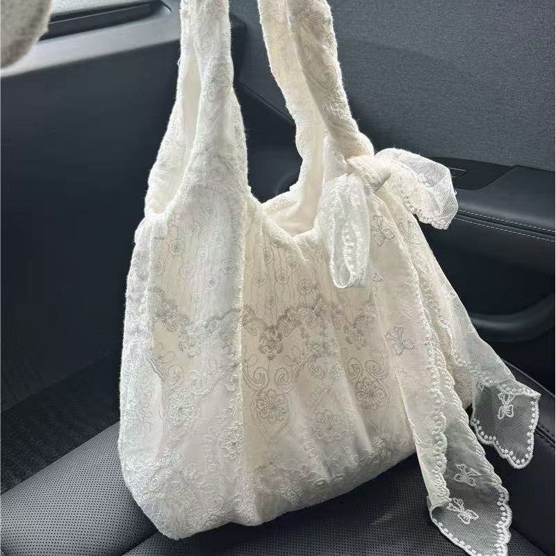 Women Lace Floral Canvas Large Capacity Shoulder Tote Bag