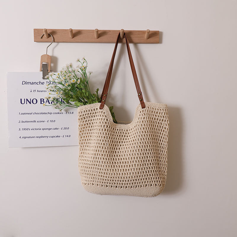 Women Casual Hollow Shoulder Cotton Woven New Lazy Handheld Beach Bag