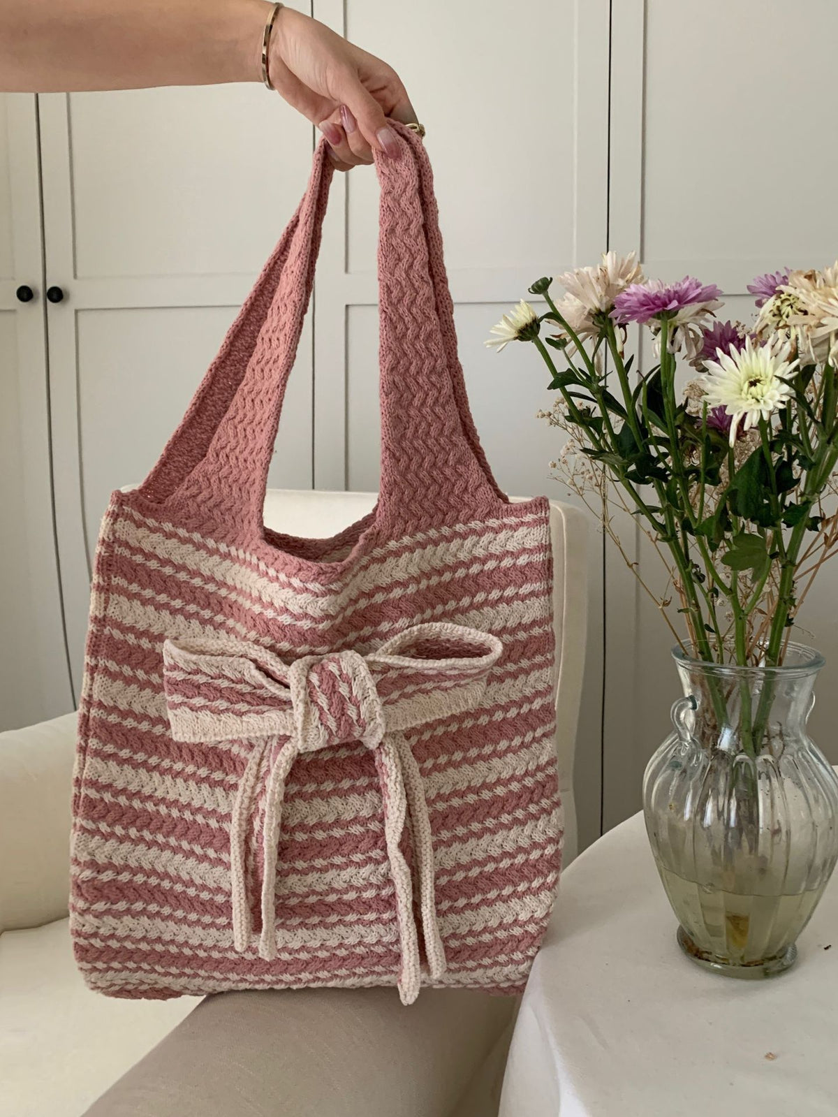 Sweet Striped Crochet Tote with Bow