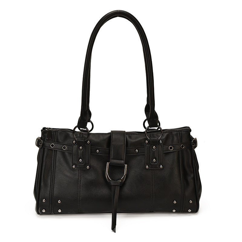 Structured PU Leather Shoulder Tote Bag with Rivet Detail