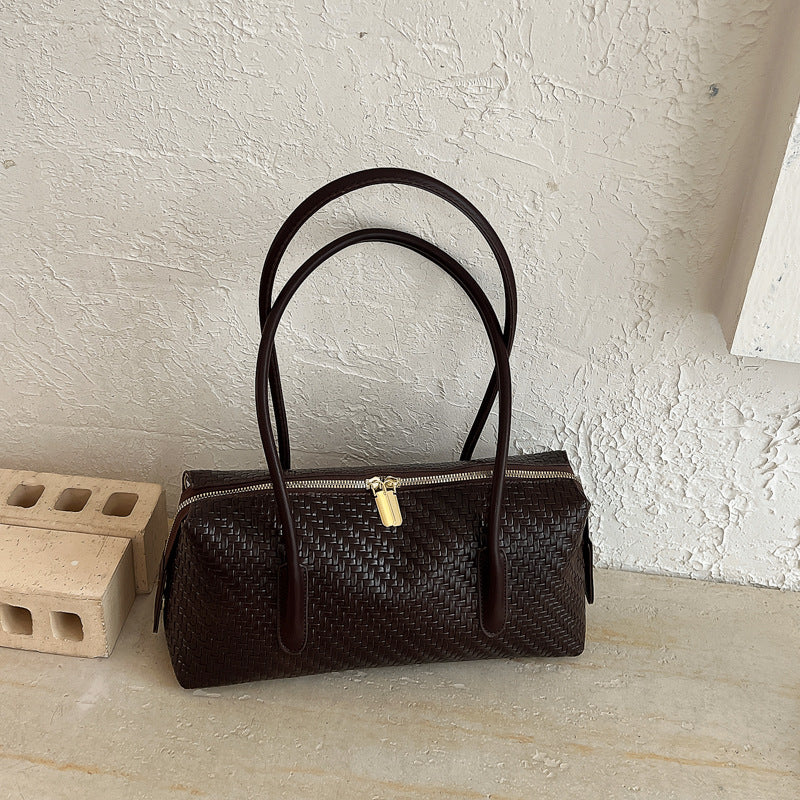 Vintage Woven East-West Shoulder Bag with Charm Detail