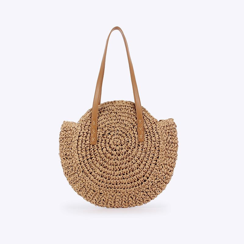 Women Simple Round Paper Rope Woven Shoulder Fashion Seaside Beach Vacation Bag