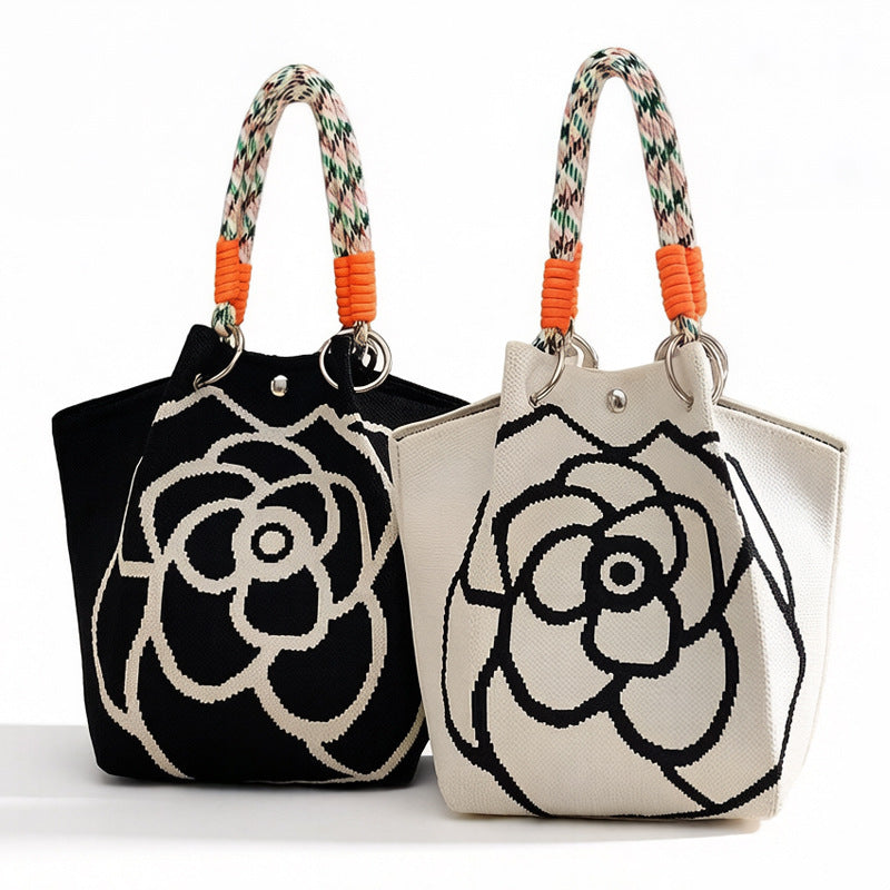 Elegant Floral Print Braided Handle Mini Bucket Handbag