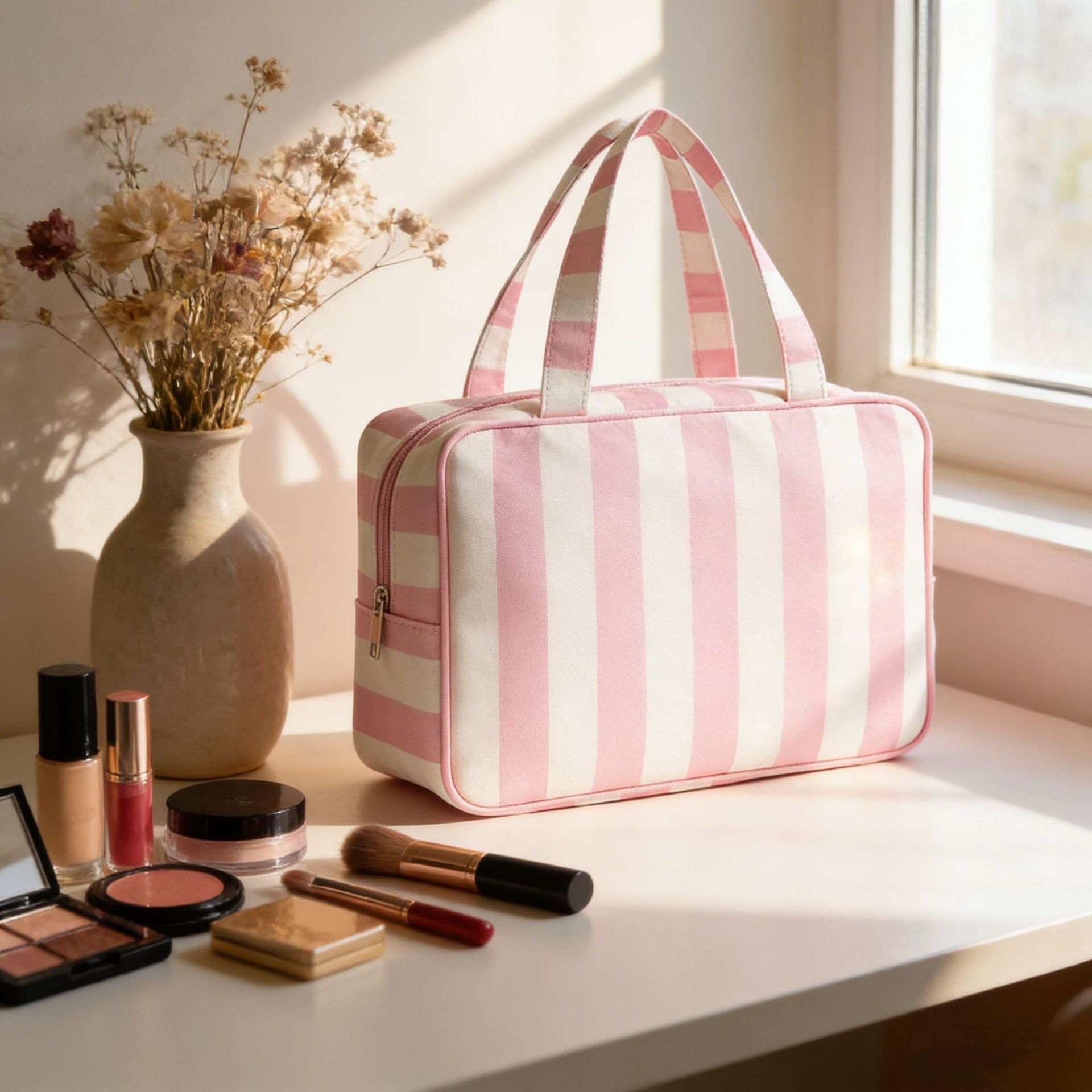 Pink White Striped Canvas Cosmetic Travel Bag