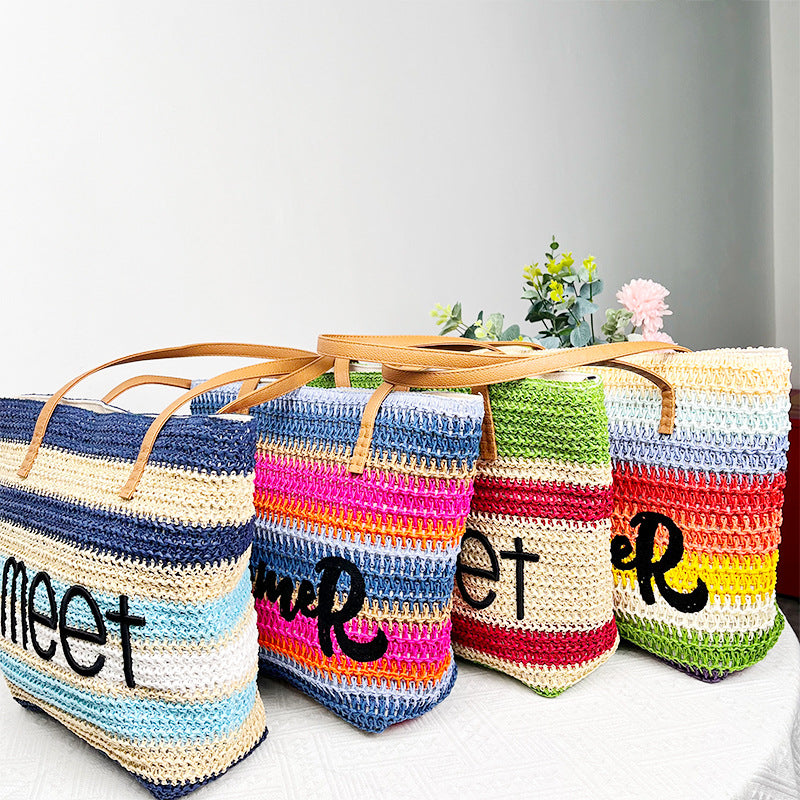 Woven Embroidered Large Capacity Straw Beach Tote Bag