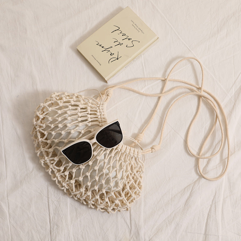 Solid Color Cotton Crossbody Hollow Mesh Straw Beach Bag