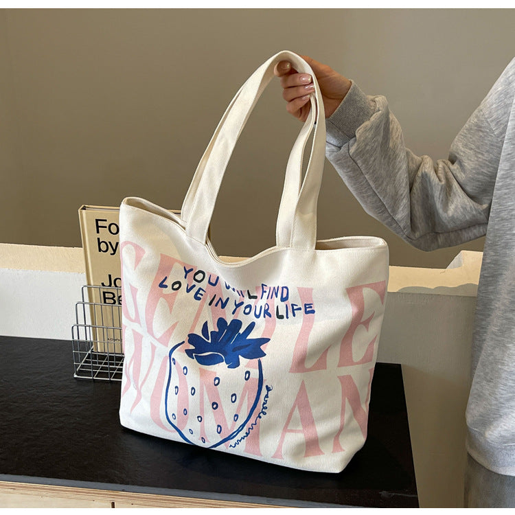 Women Strawberry Letter Canvas Shopping Shoulder Bag