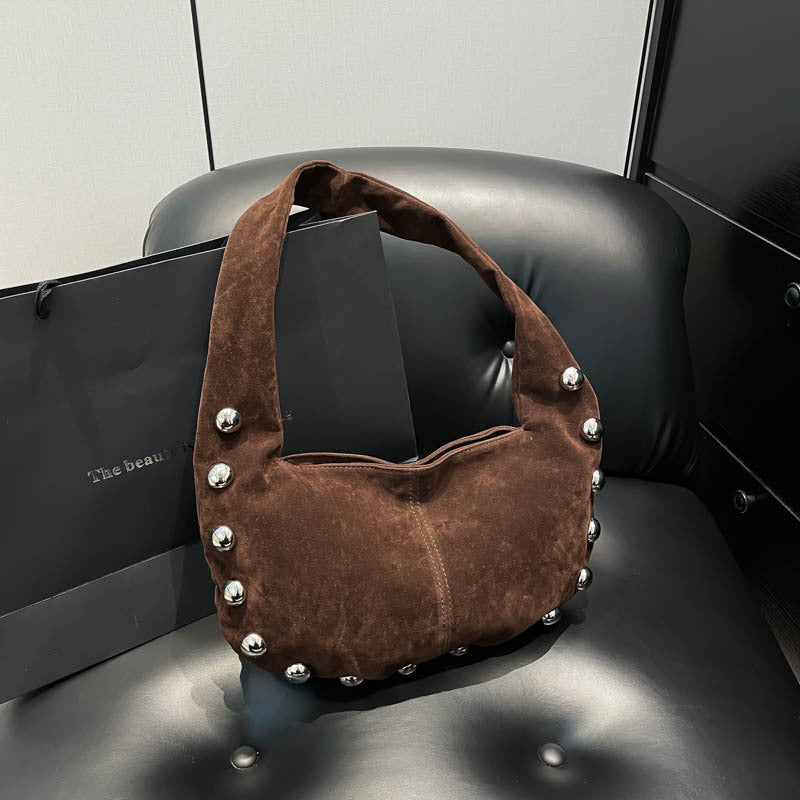 Suede Studded Hobo Shoulder Bag