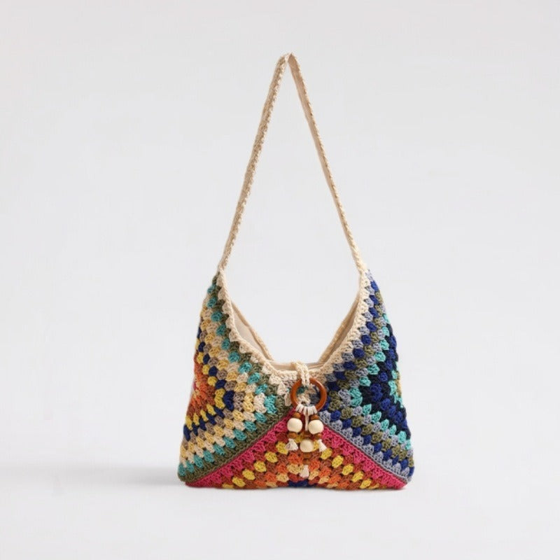 Ethnic One-Shoulder Cotton Woven Plaid Straw Beach Bag