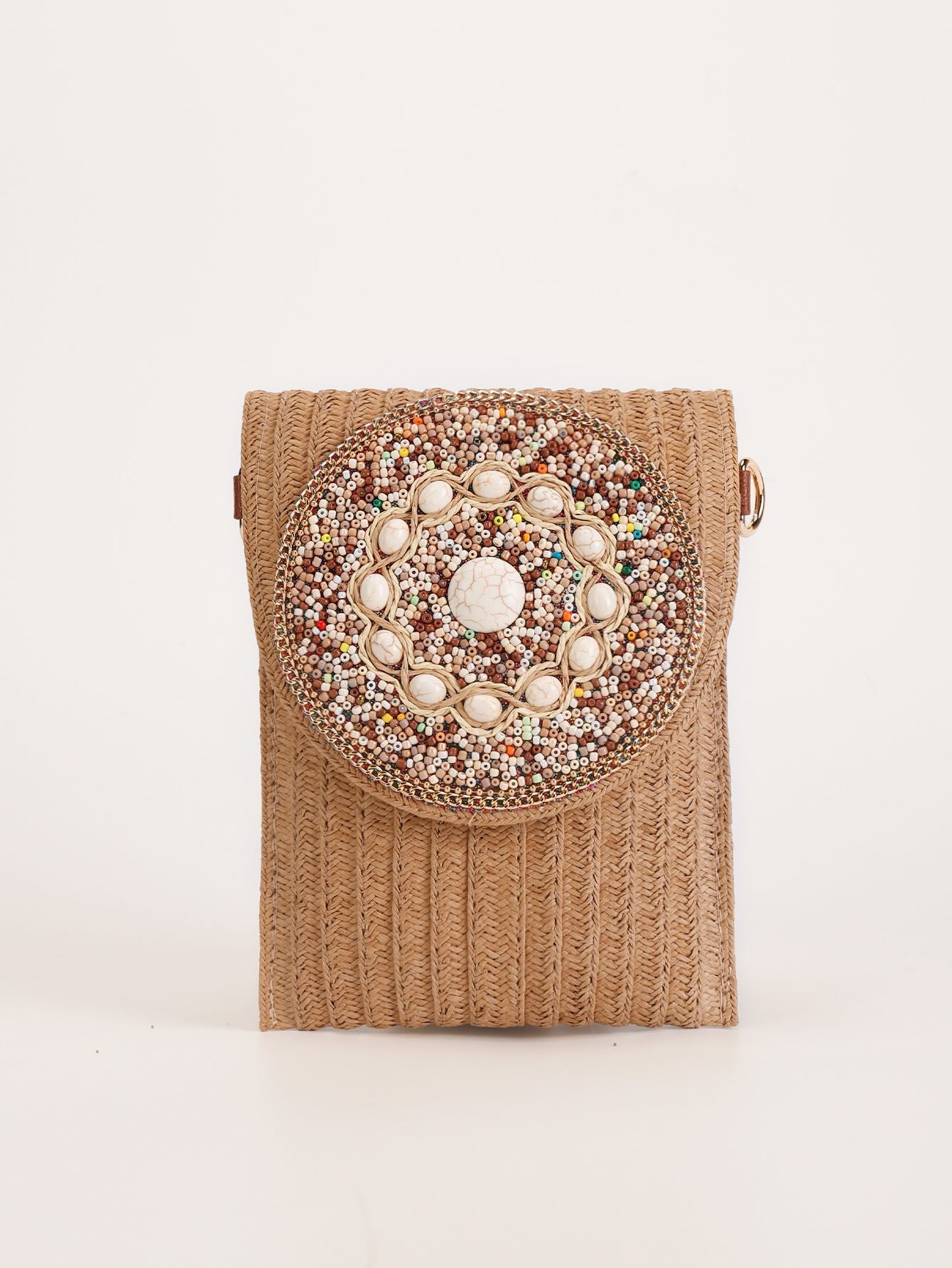 Women Luxury Straw Crossbody Bag, Fashion Beaded Woven Phone Shoulder Bag