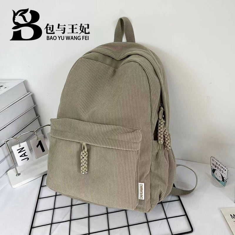New Corduroy College Student Backpack Women'S Large Capacity School Bag Junior High School Student Solid Color Simple Travel Backpack For Men And Women