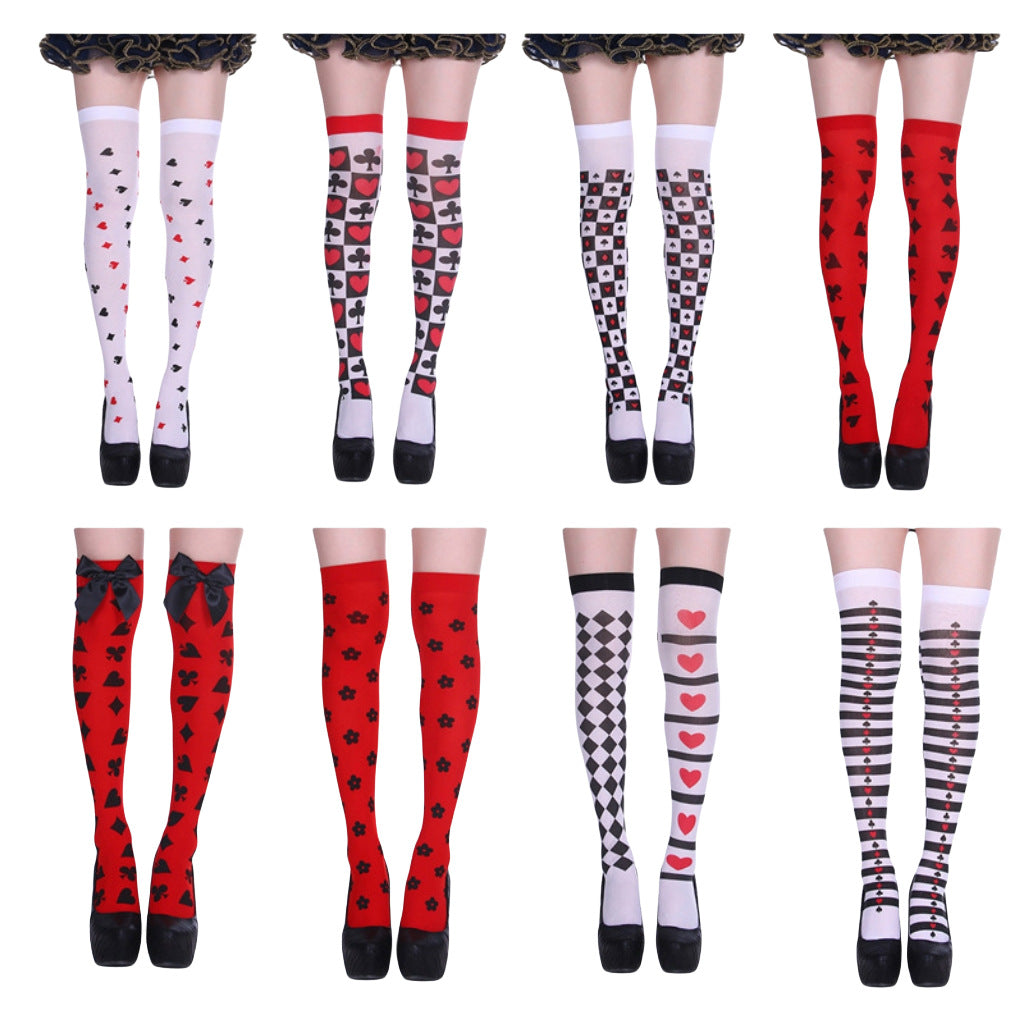 Halloween Playing Card Print Thigh-High Socks and Tights
