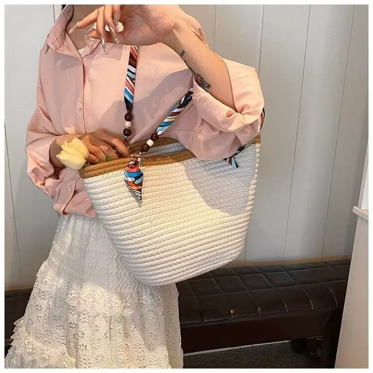 Women New Straw Woven Large Scarf Tie Shoulder Beach Bag