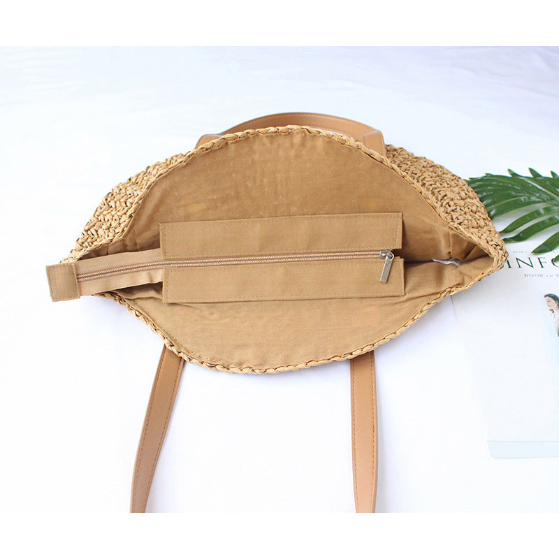 Straw Woven Bag New Shoulder Women'S Bag Beach Woven Bag Fashion Simple Literary Leisure Travel Vacation Round Large Bag