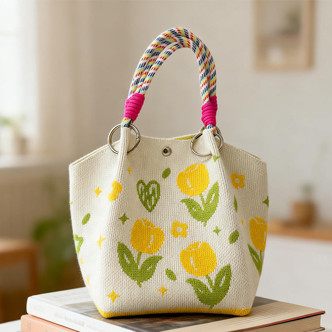 Cute Floral Print Braided Handle Tote Bag