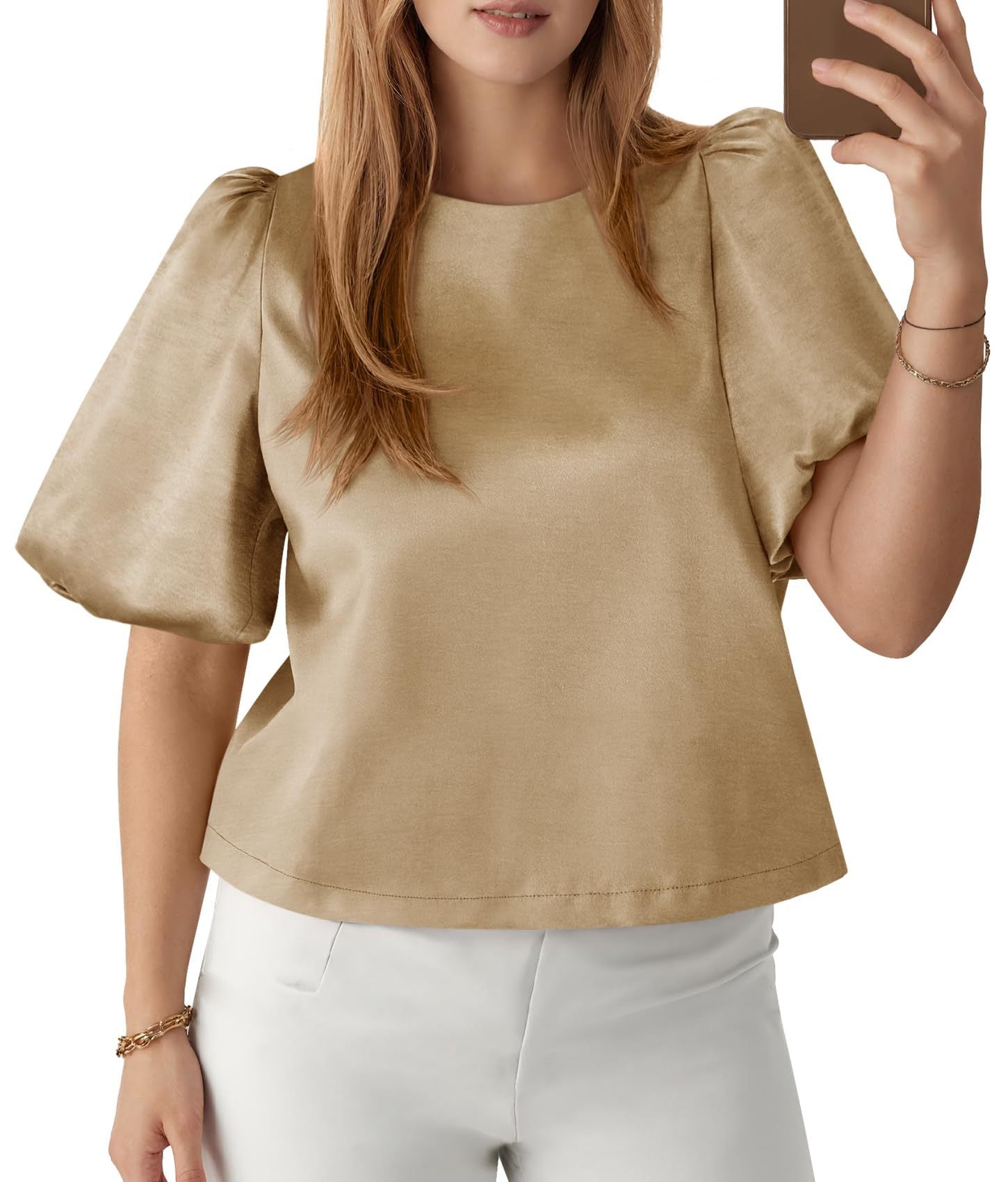 Elegant Women's Round Neck Satin Puff Sleeve Baby Doll Top