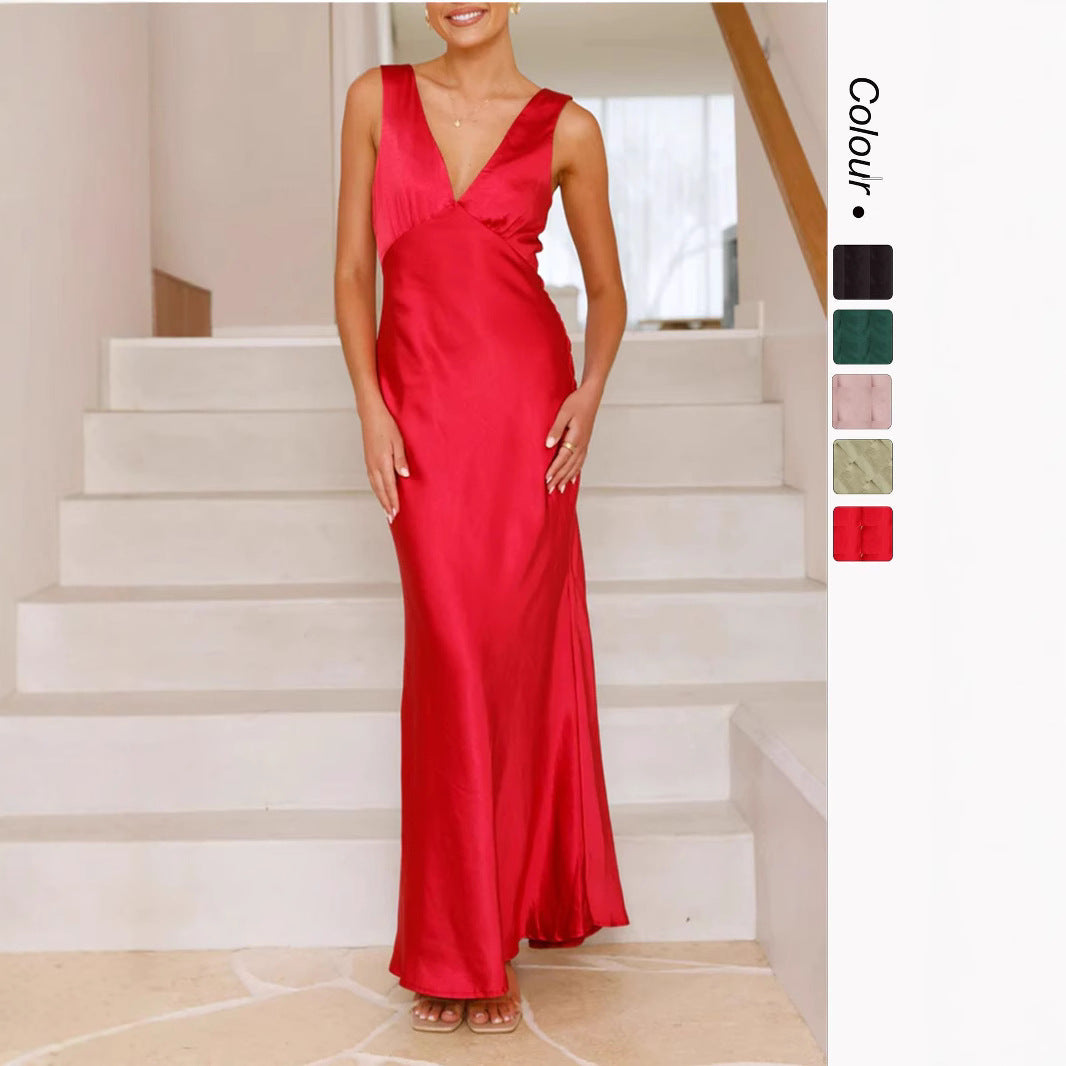 Solid Color V-Neck Slim Sexy Evening Dress