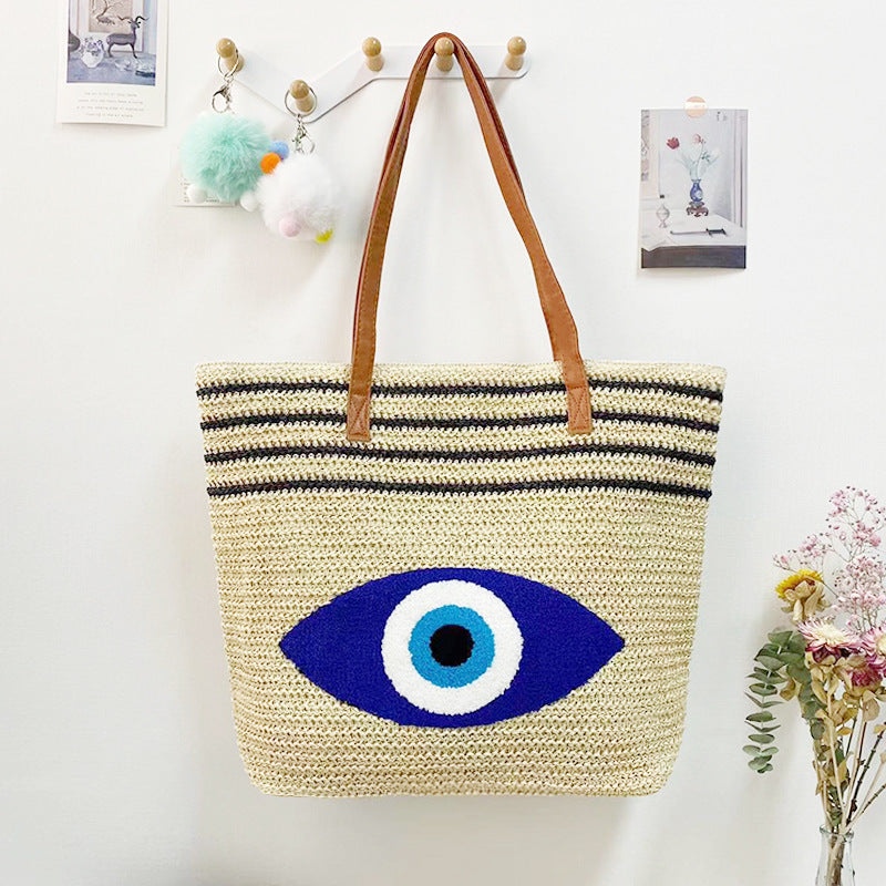 Striped Letter Large Capacity Straw Beach Bag